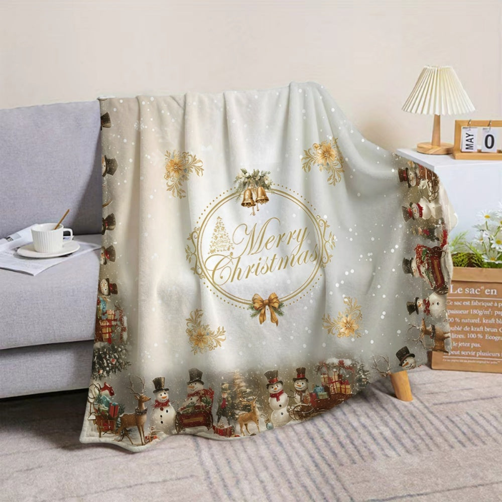 1pc, 1 Christmas Snowman with Bells and Golden Floral Pattern Flannel Blanket, Soft, Comfortable, and Warm, White Romantic Design, Durable Plush Surface, All-season Universal Sofa Blanket, Thermal Throw Blanket, Multiple Sizes Available