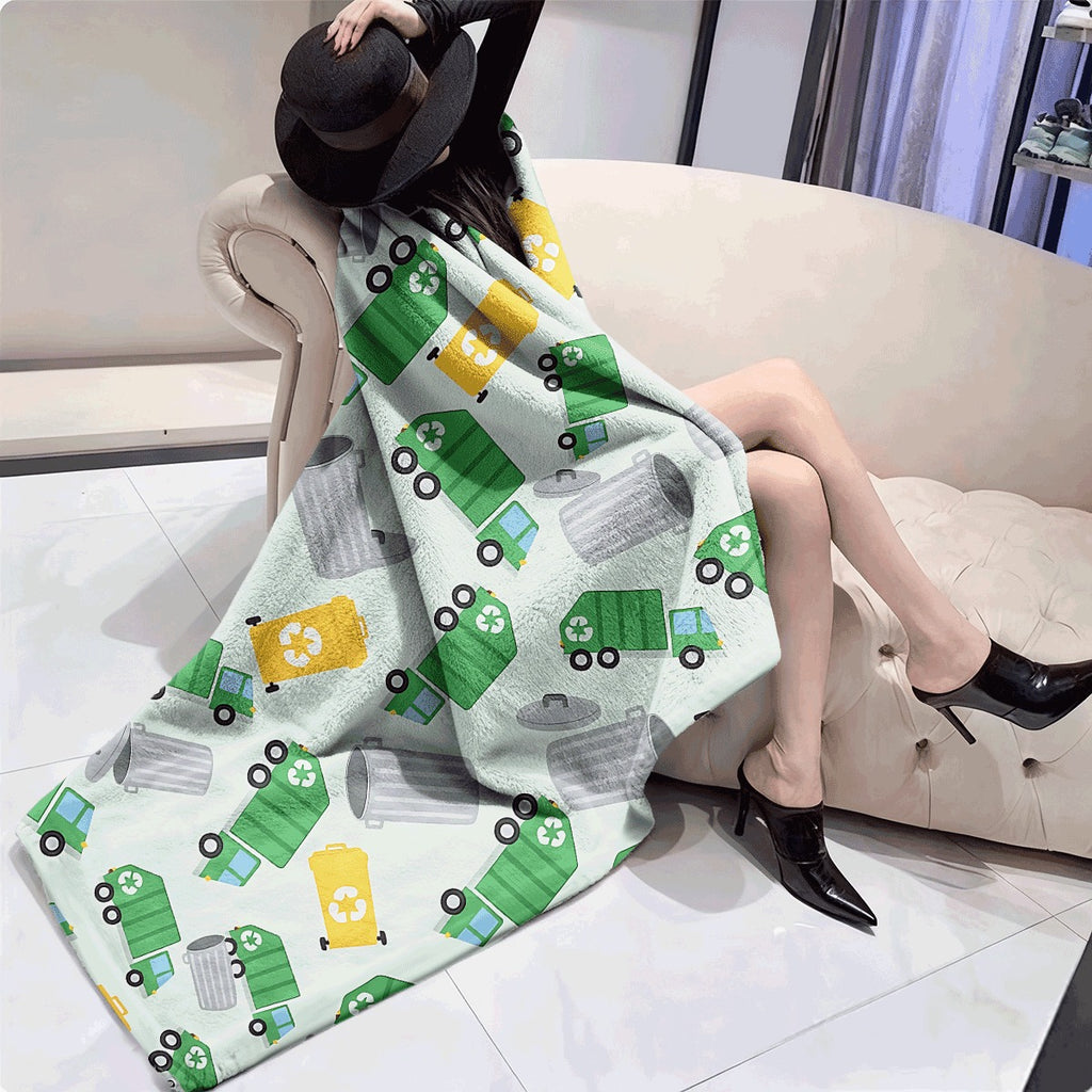 1pc All-Season Flannel Blanket with Colorful Recycling Garbage Trucks And Bins Print Ultra-Soft Lightweight Fleece Throw for Sofa Cozy Room Decor Blanket