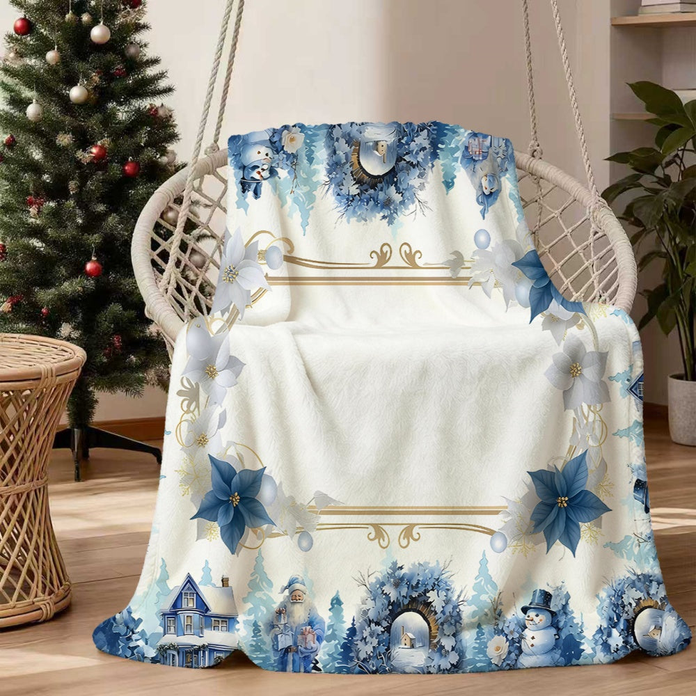 1pc Christmas Blue Golden Floral And Snowman Pattern Flannel Blanket, Soft Comfortable Warm, White Background with Blue And Golden Design, All-Season Sofa Blanket, Warm Cover, Multiple Sizes Available, Suitable for Living Room Sofas, Bedroom