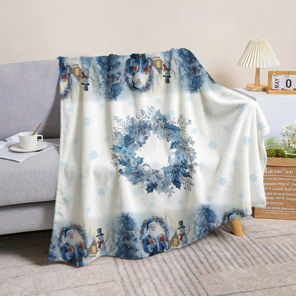 1pc Santa Claus And Snowman Blue Wreath Pattern Flannel Blanket, Soft Comfortable Warm, Blue And White Design, All-Season Blanket, Warm Cover, Multiple Sizes Available, Suitable for Living Room Sofa, Bedroom, Office Rest, Holiday Decor