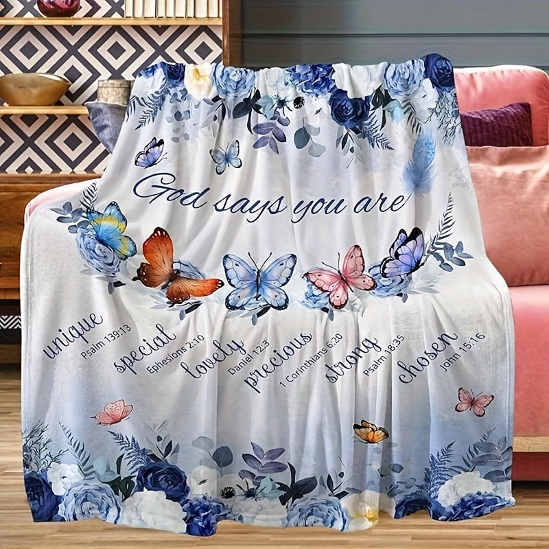Christian Inspirational Scripture Throw Blanket with Floral Butterfly Design- Soft 280gsm Flannel All-Season Cozy Blanket for Home, Office, Bedroom- Machine Washable Faith-Based Gift, Throw Blanket for Couch, Pastel Color Decor