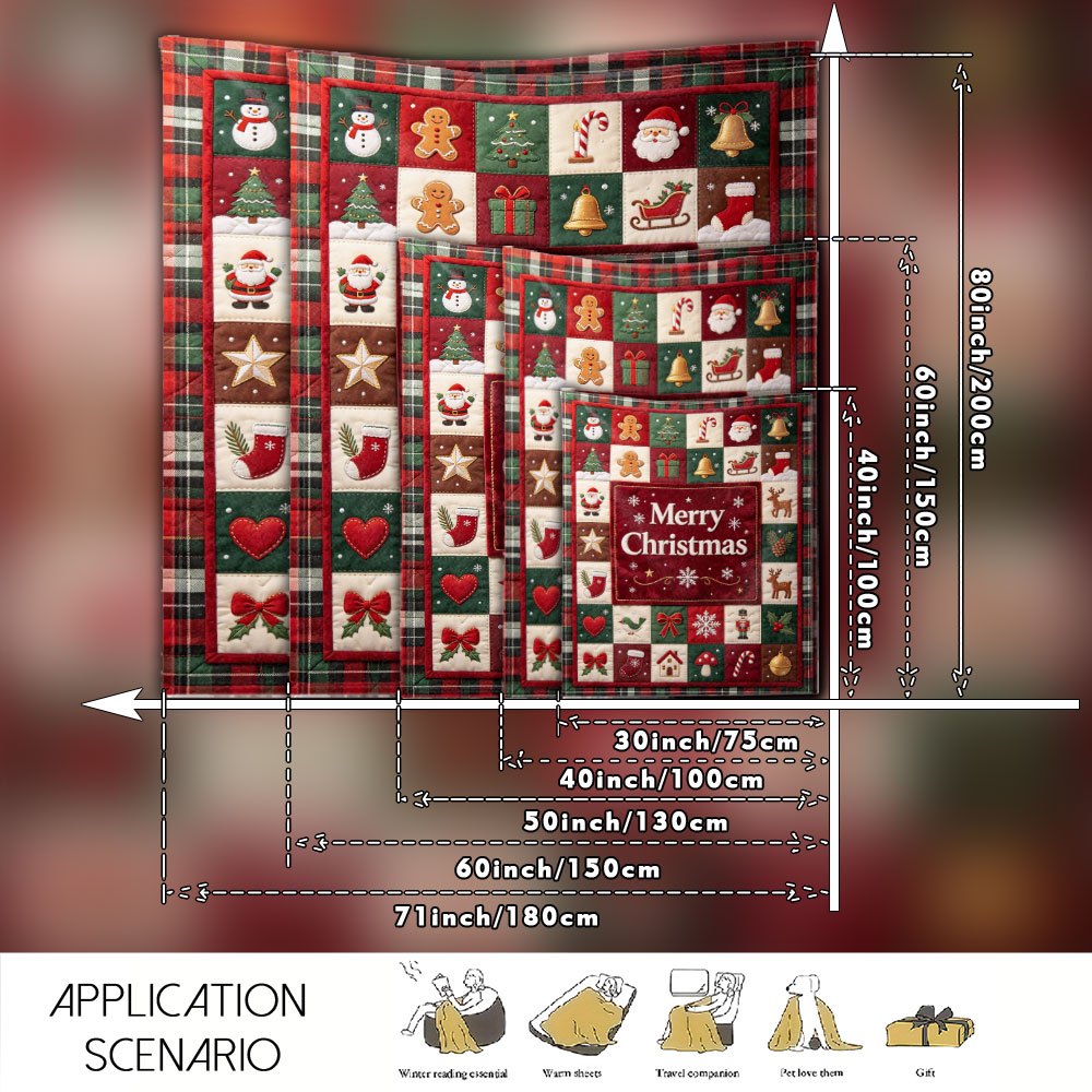 Flat/2D Digital Printing Flannel Blanket Cover Blanket, Retro Country Style Christmas Grid Patchwork Snowman Gingerbread Man Santa Claus Elk Bell Christmas Tree Pattern, Soft, Comfortable And Warm Skin-Friendly, Suitable for Bedroom