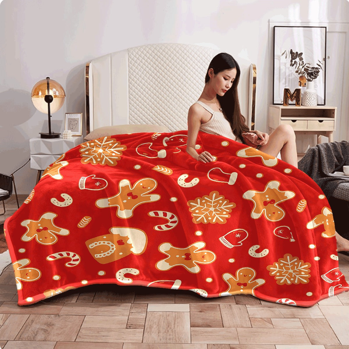 1pc Christmas Themed Gingerbread for Man & Holiday Elements Soft Flannel Blanket Warm Red Throw for Couch Festive Home Decor Cozy Christmas Gift