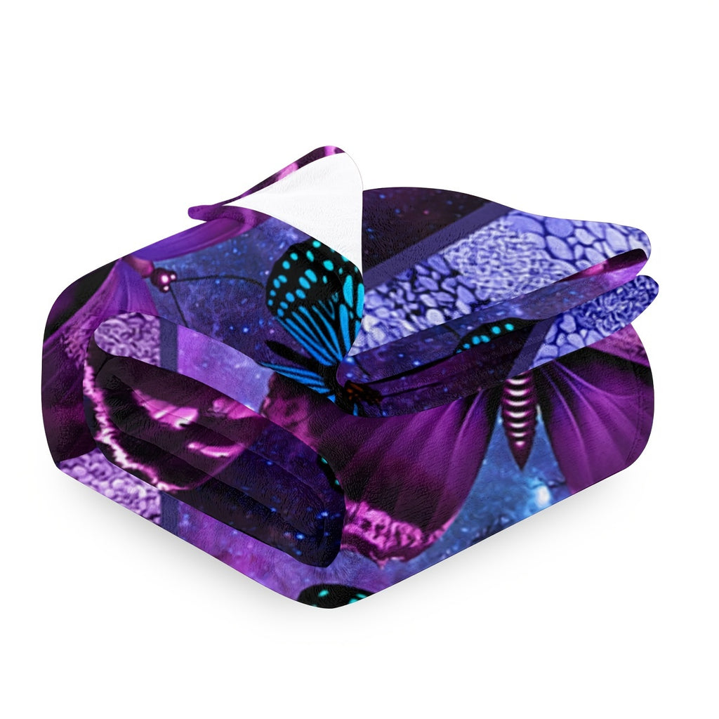 Purple Butterfly Flannel Blanket- Modern Style Reversible Digital Print Animal Theme, Suitable for All Seasons, Multifunctional Microfiber Bedding, Machine Washable- Moon Palace