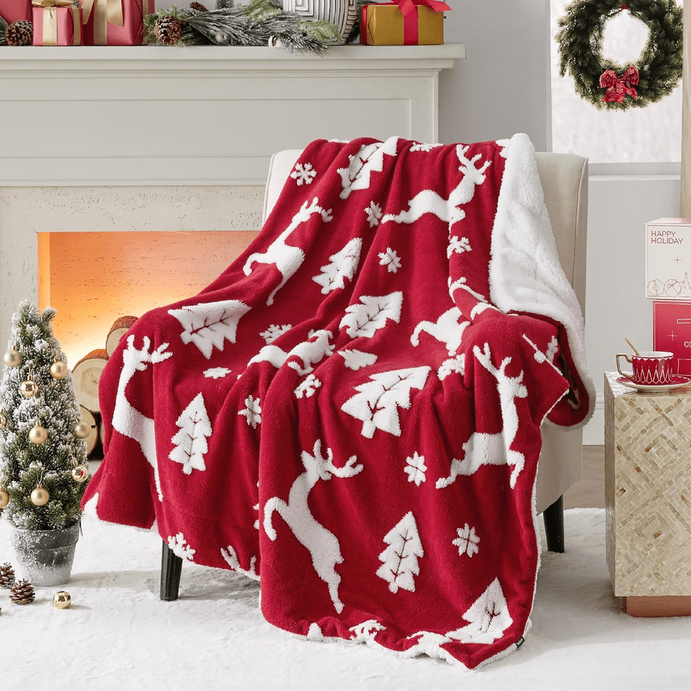 Christmas Sofa Blanket - Christmas Decoration Gift, Warm Snow Mountain Sheep And Deer Blanket for Women, Red