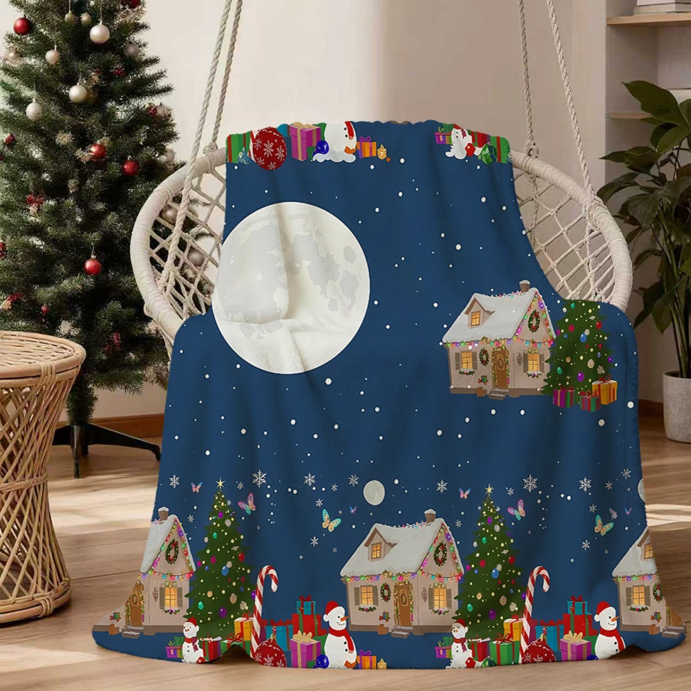 1pc Christmas Night Scenery Snow House Moon Flannel Blanket, Soft Comfortable Warm, Dark Blue Design, All-Season Blanket, Warm Cover, Multiple Sizes Available, Suitable for Living Room Sofa, Bedroom, Reading Corner, Holiday Decor