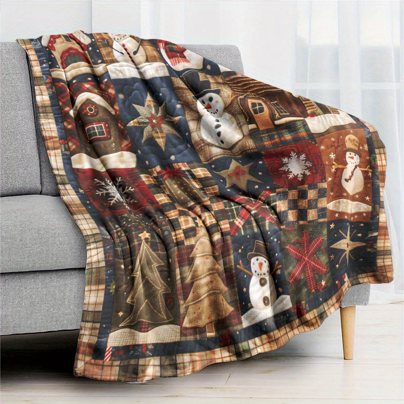 1pc Retro Patchwork Cute Christmas Snowman Flannel Blanket, Ultra-Soft, Comfortable, And Warm, Holiday Decoration for Home Blanket, Winter Must-Have Blanket, Suitable for Home, Office, Car, Sofa, And Multiple Scenarios