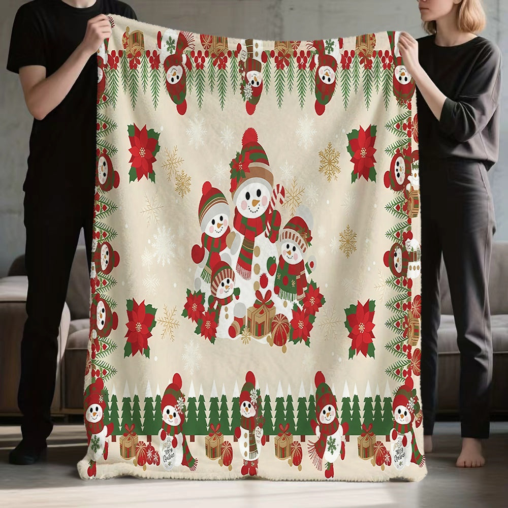 1 Christmas Snowman and Red Flower Pattern Flannel Blanket, Soft, Comfortable, and Warm, Beige and Red Design, All-season Universal Throw, Warm Cover Blanket, Multiple Sizes Available, Suitable for Living Room Sofas, Bedroom, Reading Nooks
