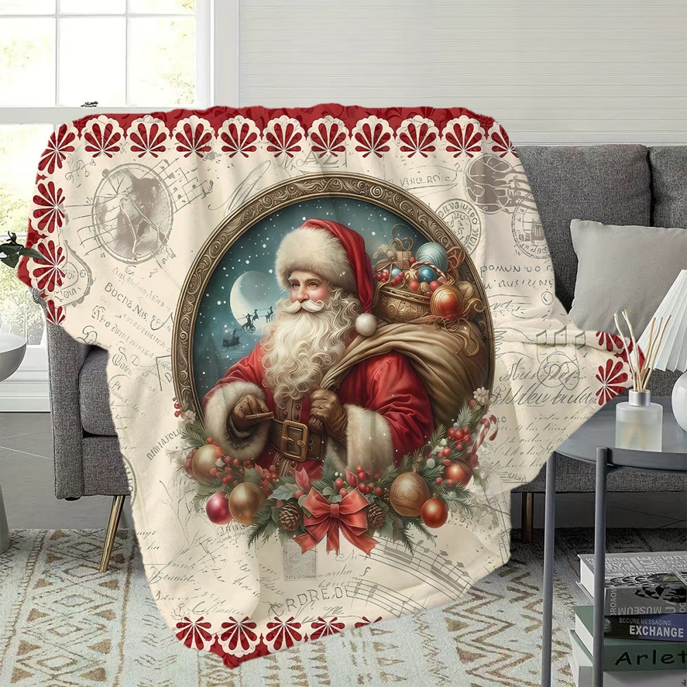 1pc Santa Claus And Holiday Decor Flannel Blanket, Soft Comfortable Warm, Beige And Red Design, All-Season Sofa Blanket, Warm Throw Blanket, Multiple Sizes Available, Suitable for Living Room Sofa, Bedroom, Reading Corner, Holiday Parties