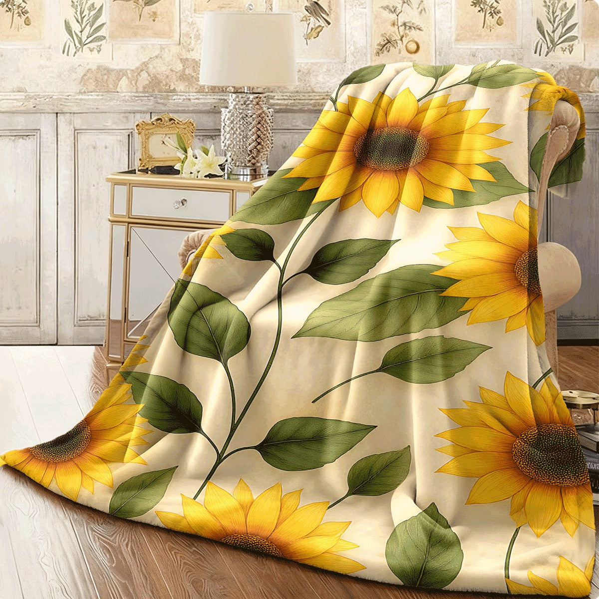 1pc Sunflower Pattern Flannel Blanket Cozy Yellow Sunflower & Green Leaf All-Season Soft Throw Perfect for Couch Warm & Lightweight Fleece Fabric Decorative Blanket