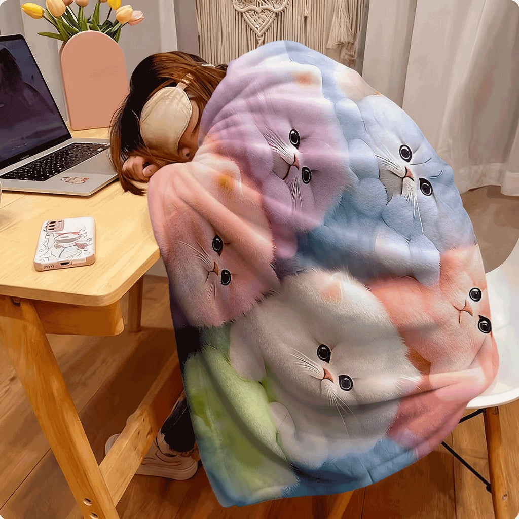 1pc Cute Colorful Fluffy Kittens Flannel Blanket Pastel Pink Background Soft Cozy for Sofa Adorable Cat Design All-Season Throw