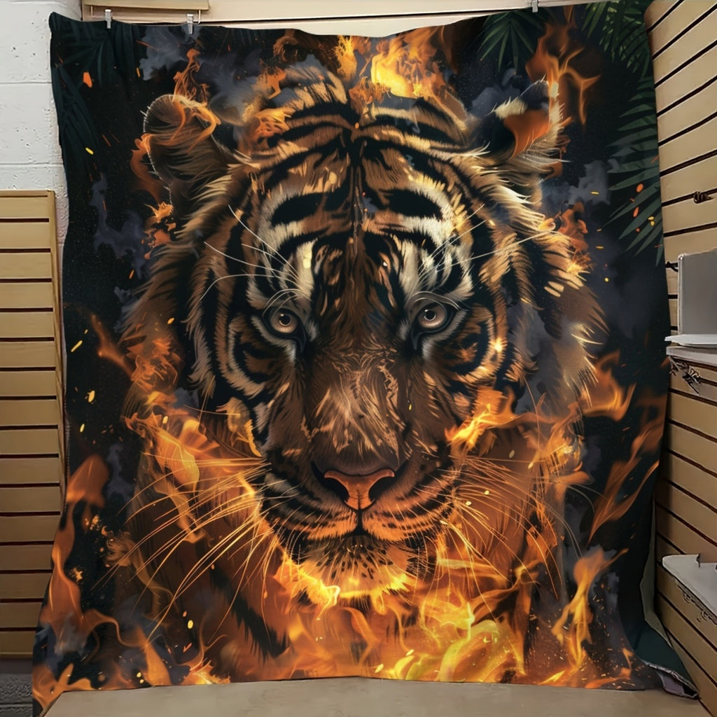 1pc 2D Flat Printing, Flame Tiger Pattern Blanket, Soft Fleece Blanket, Black And Orange Design, All Seasons, Warm Throw, Multiple Sizes Available, Suitable for Living Room Sofa, Bedroom, Reading Corner, Leisure Time, And Home Decor