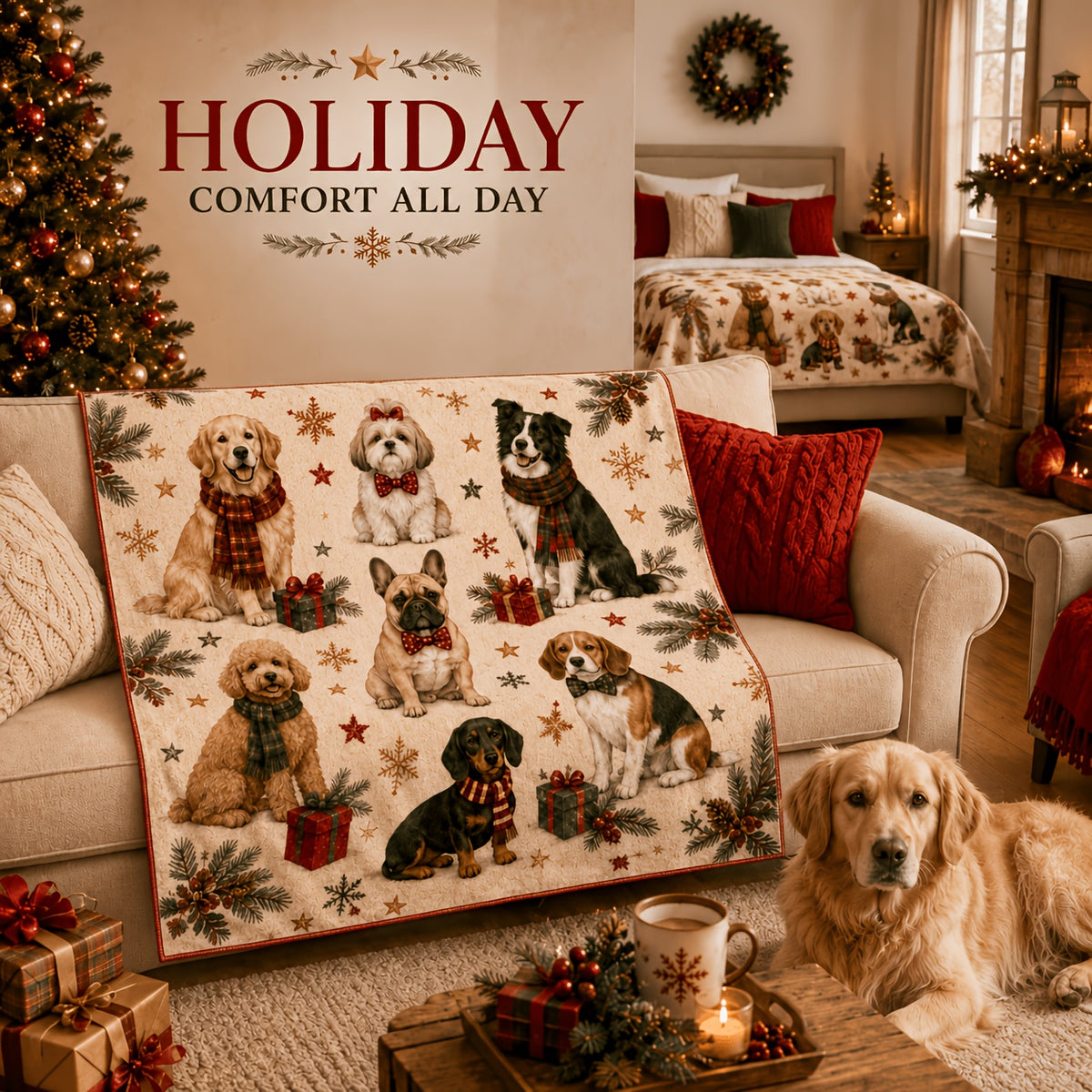 Blanket, Christmas Cute Dog Squad Flannel Blanket Autumn and Winter Warm Living Room Sofa Blanket Bedroom Blanket Lunch Break Air Conditioning Blanket
