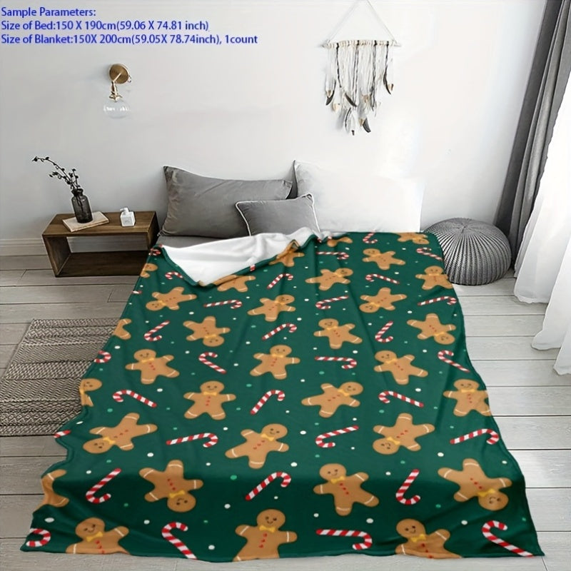 -1pc Winter Christmas Atmosphere Gingerbread Man Blanket, Red Flannel Blanket with Candy Cane Pattern, Color Digital Print, Machine Washable, Thickened Soft Thermal Blanket, Air-Conditioned Room Blanket, Home And Office Thermal Nap Blanket