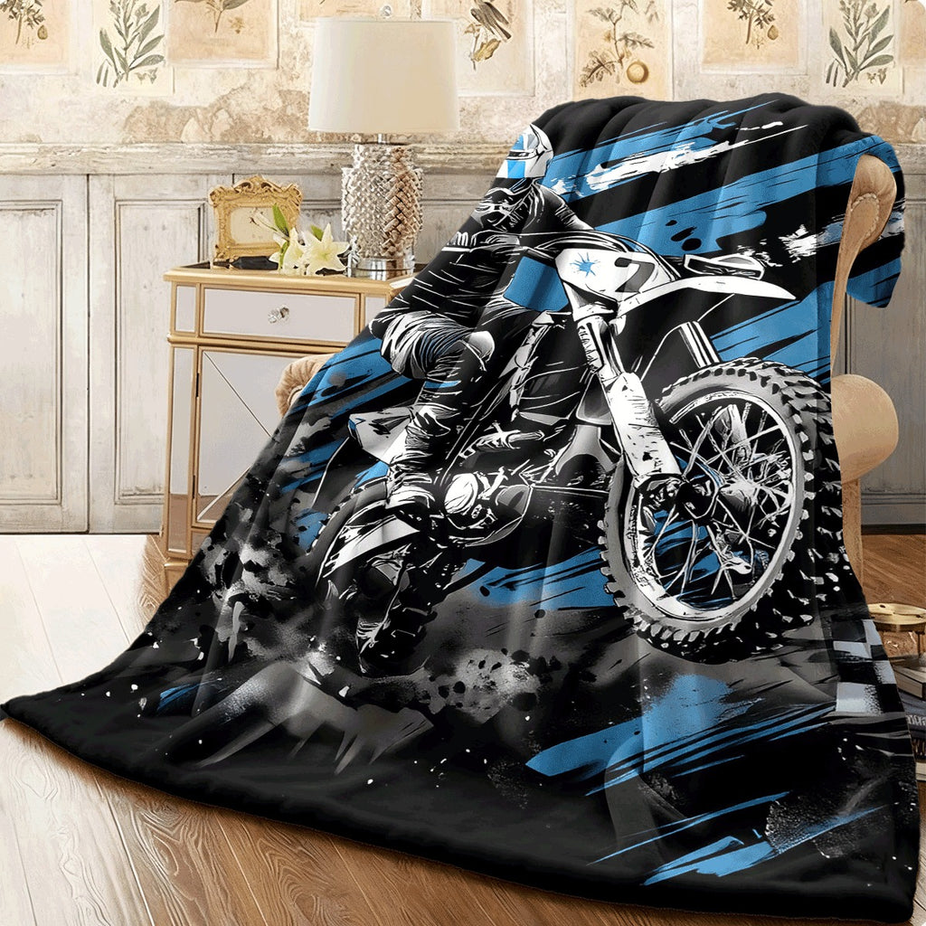 Flannel Blanket ? Single Piece ? Motorcycle Lovers Design ? Cozy Fleece Material ? Vibrant Motocross Rider & Dirt Bike Graphics ? Black, Blue, White, Gray Splashes ? Ideal for Home Decoration, Camping, Travel
