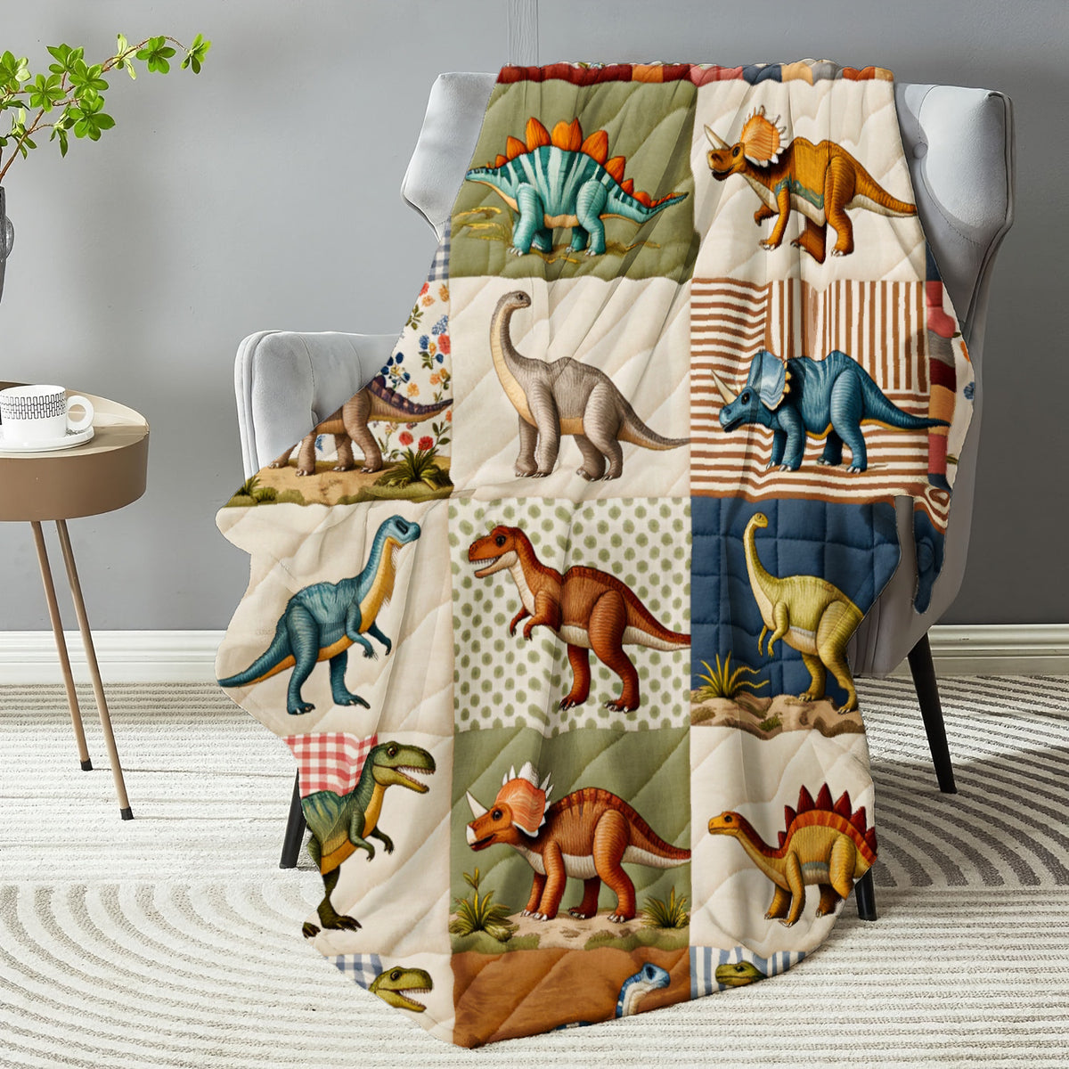 This Digital Print Flannel Blanket Features a Retro Floral Border And Various Dinosaurs Like T-Rex, Stegosaurus, And Triceratops. It's Soft, Warm, And Comfortable, Making It Perfect for Use in The Bedroom, Living Room