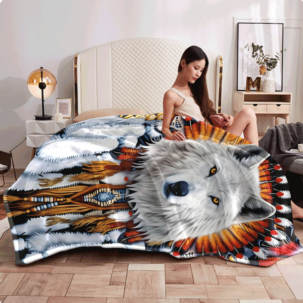 1pc Majestic Snow Wolf Flannel Throw Blanket Soft Warm And Lightweight Polyester Digital Printed Quilted Multipurpose for Couch Travel Camping Available in Multiple Sizes