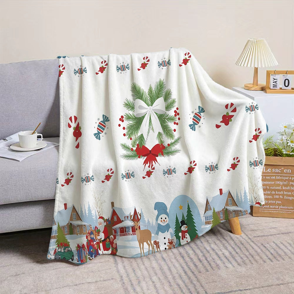 1pc Christmas Holiday-themed Flannel Blanket with Pine Branch Wreath and Snowscape Pattern, Soft, Comfortable, and Warm, White Design, All-season Universal Sofa Throw, Warm Lap Blanket, Multiple Sizes Available, Suitable for Living Room Sofas