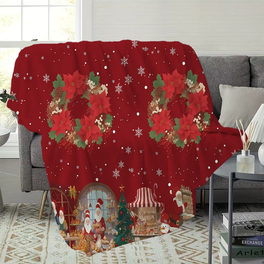 1pc Christmas Wreath And Snowman Pattern Red Flannel Blanket, Soft Comfortable Warm, Festive Design, All-Season Sofa Blanket, Warm Cover, Multiple Sizes Available, Suitable for Living Room, Bedroom, Sofa, Reading, And Resting