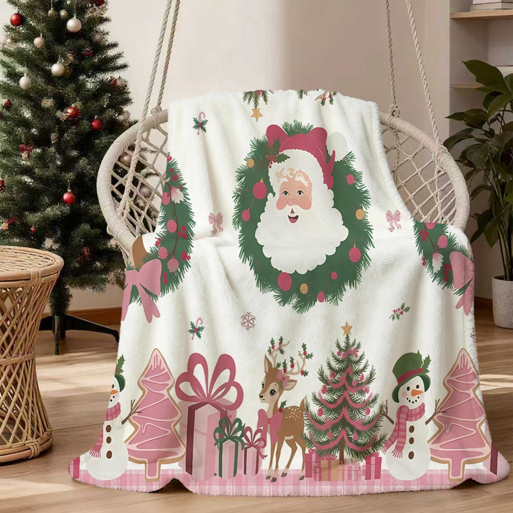1pc Santa Claus And Reindeer Wreath Pattern Flannel Blanket, Soft Comfortable Warm, Pink And Green Design, All-Season Blanket, Warm Cover, Multiple Sizes Available, Suitable for Living Room Sofa, Bedroom, Reading Corner, Holiday Decor