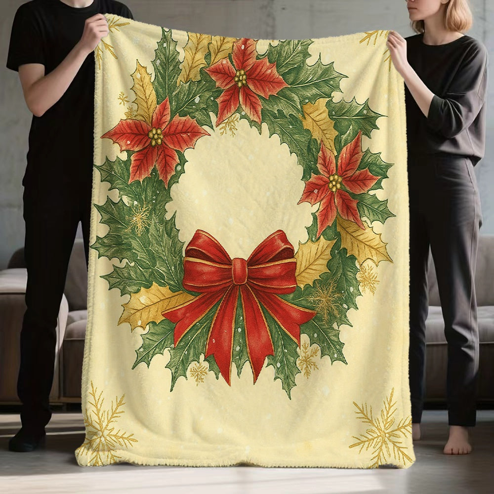 1 Christmas Wreath and Red Ribbon Flannel Blanket, Beige-toned Design, Durable Plush Warm Throw Blanket, Suitable for Bedroom Bed Use, Balcony Leisure, and Seasonal Home Use