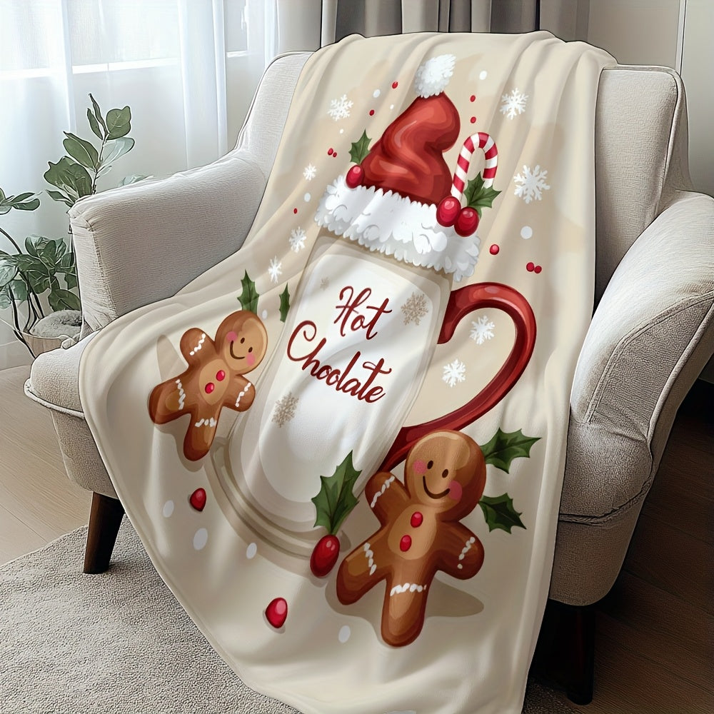 1pc Christmas Gingerbread Hot Cocoa Throw Blanket, Santa Hat And Gingerbread Print Design, Full-Size Blanket, Soft Fleece Velvet, Lightweight And Durable, Multi-Size Available, Suitable for Christmas Decor, Outdoor Leisure, Living Room Sofa
