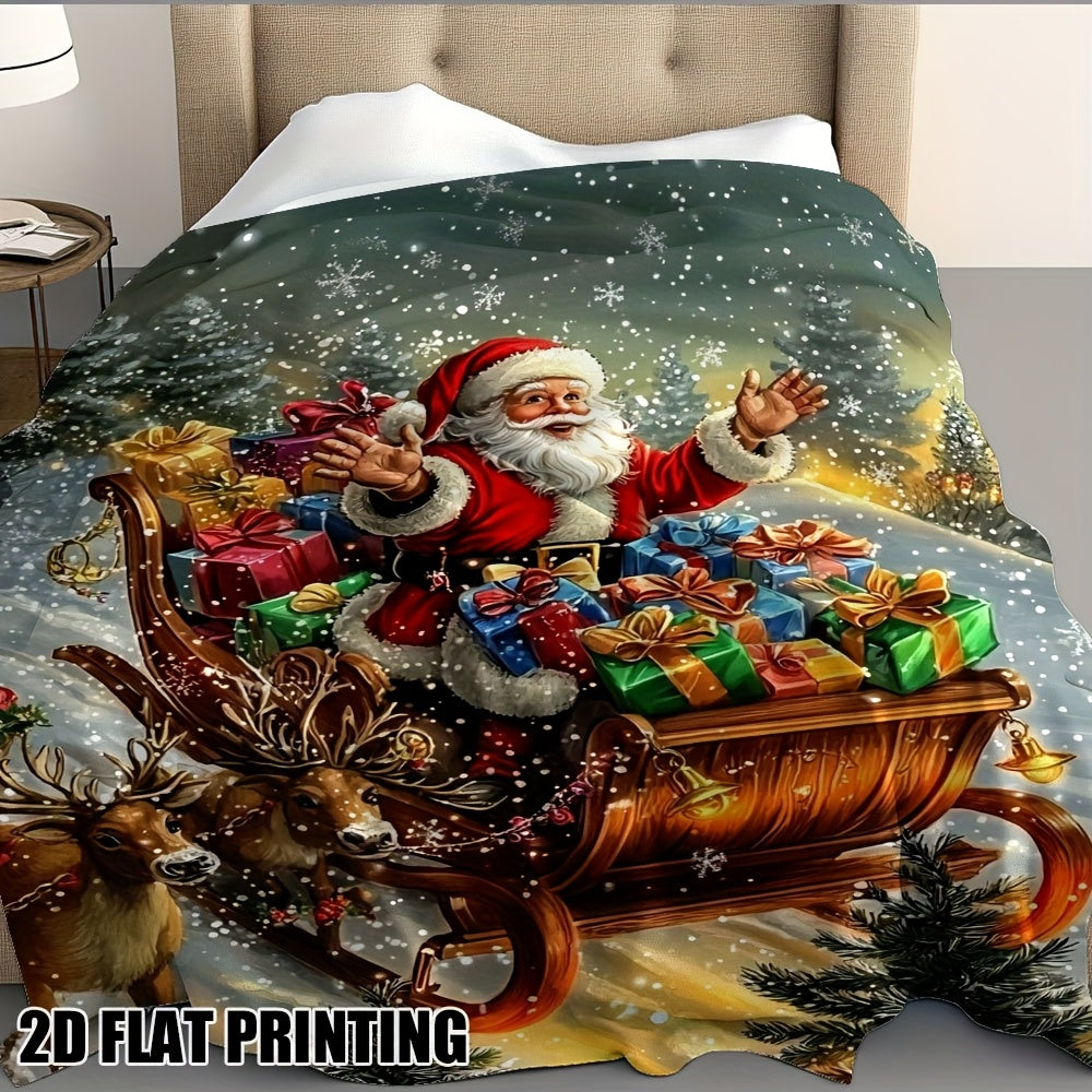 1pc Ultra-Soft 2D Flat Christmas Sleigh Trip Printed Flannel Blanket - Comfortable Double Size Sofa Blanket for, Sofa, Chairs, Office and Camping - Ideal Holiday Gift for All Seasons, 2D Flat