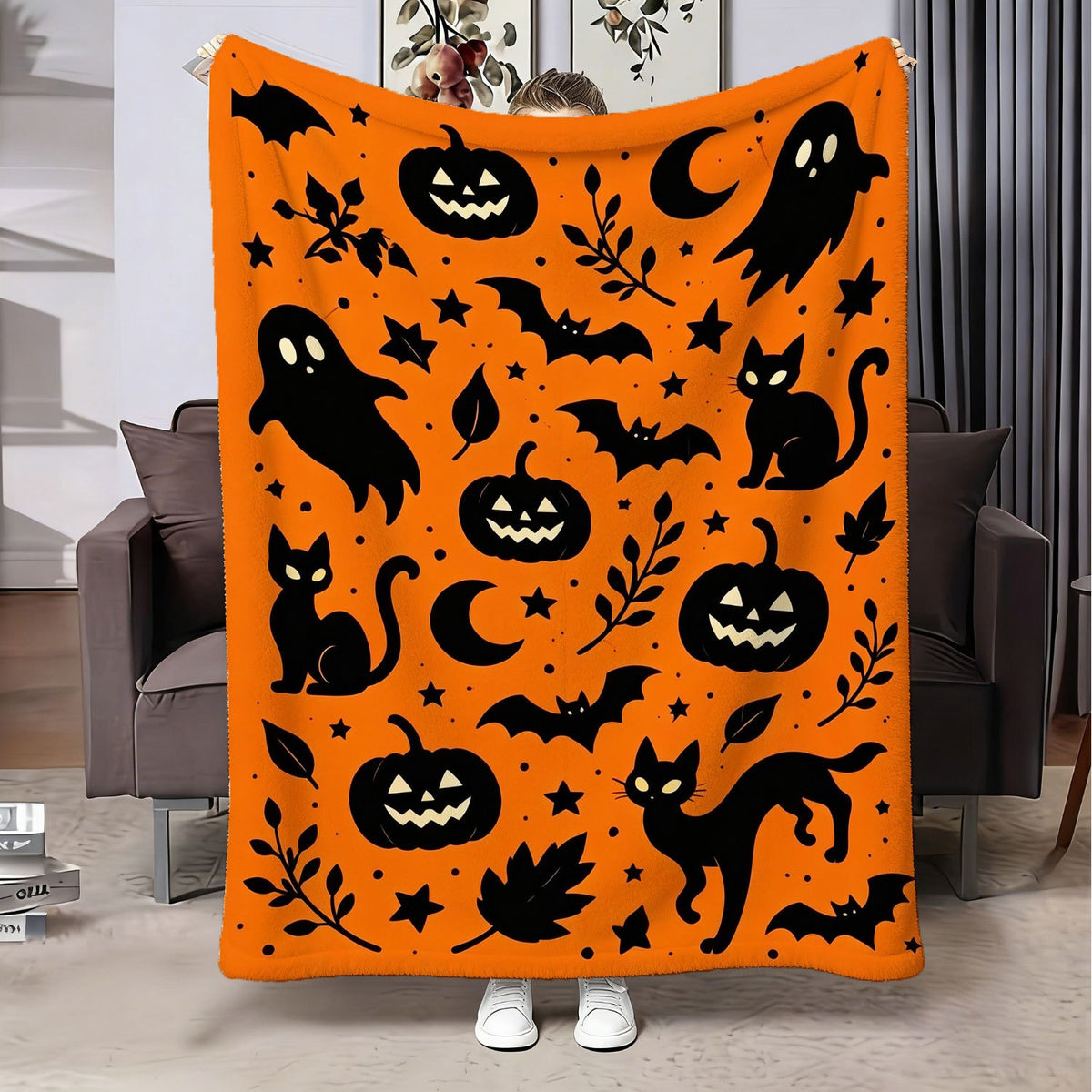 Halloween Fleece Blanket, Soft And Comfortable Throw, Pumpkin Cat Bat Pattern, Suitable for Office, Sofa, Living Room, Warm Decorative Item, Home Holiday Decor Gift