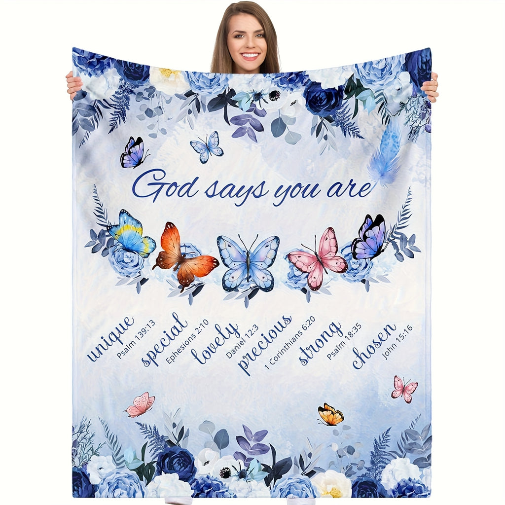 Christian Inspirational Scripture Throw Blanket with Floral Butterfly Design- Soft 280gsm Flannel All-Season Cozy Blanket for Home, Office, Bedroom- Machine Washable Faith-Based Gift, Throw Blanket for Couch, Pastel Color Decor