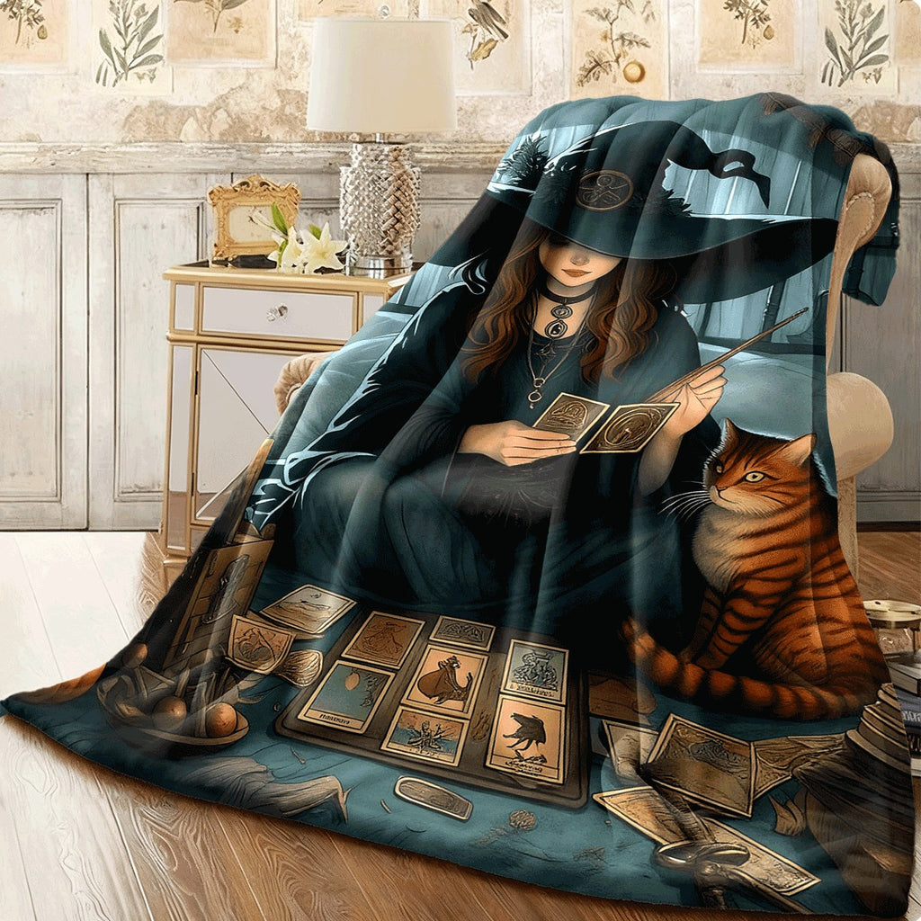 1pc Magical Witch Flannel Blanket Cozy Soft Throw with Witch Cards Cat And Gothic Elements Perfect for Sofa Home Decor Mystic Fantasy Style Blanket, for Halloween