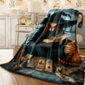 1pc Magical Witch Flannel Blanket Cozy Soft Throw with Witch Cards Cat And Gothic Elements Perfect for Sofa Home Decor Mystic Fantasy Style Blanket, for Halloween
