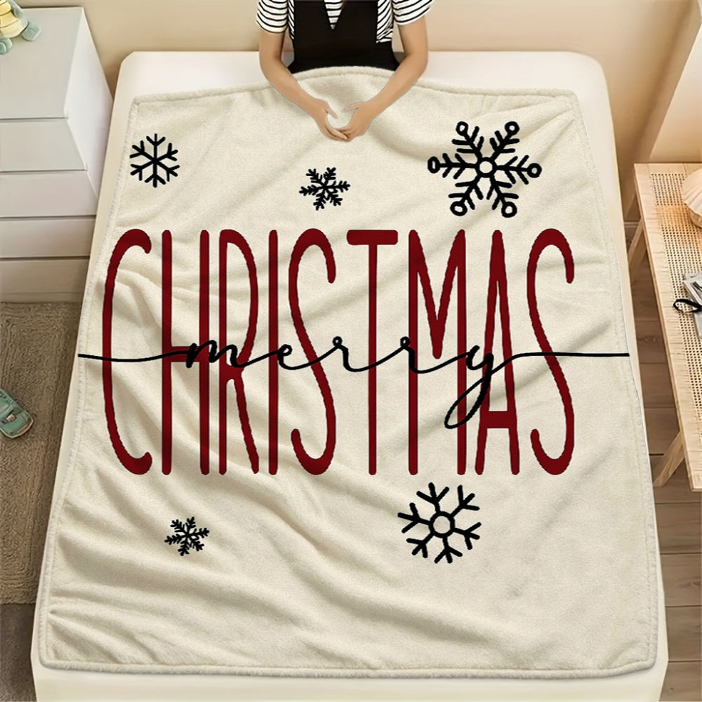 1pc of Christmas Merry CHRISTMAS Themed Cream Beige Flannel Blanket, Featuring a Festive and Cozy Design. Soft Plush Surface, Suitable for All Seasons. Ideal for Reading Time, Office Naps, and Weekend Sofa Lounging