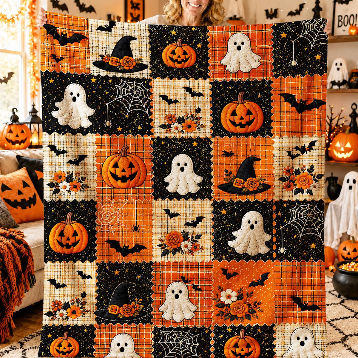 1 Vintage Halloween Throw Blanket, Suitable for Living Room, Bedroom, and Sofa, Orange Plaid with Black Starry Sky Patchwork, Decorated with Pumpkin,, Bat, Spider Web, and Witch Hat Patterns, Soft Flannel Blanket, Ideal for Naps, Travel, and Fall