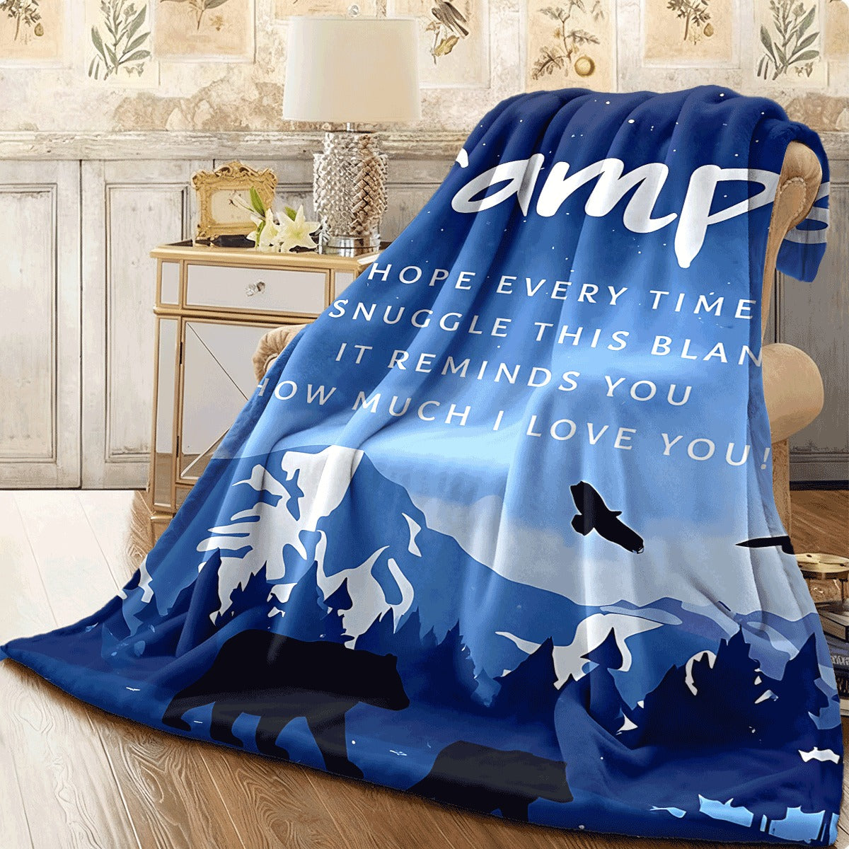 1pc Soft Flannel Blanket for Gramps with Blue Mountain Bear Eagle Night Design Heartfelt Love Message Throw Cozy Gift for Grandpa All-Season Warm Couch Blanket