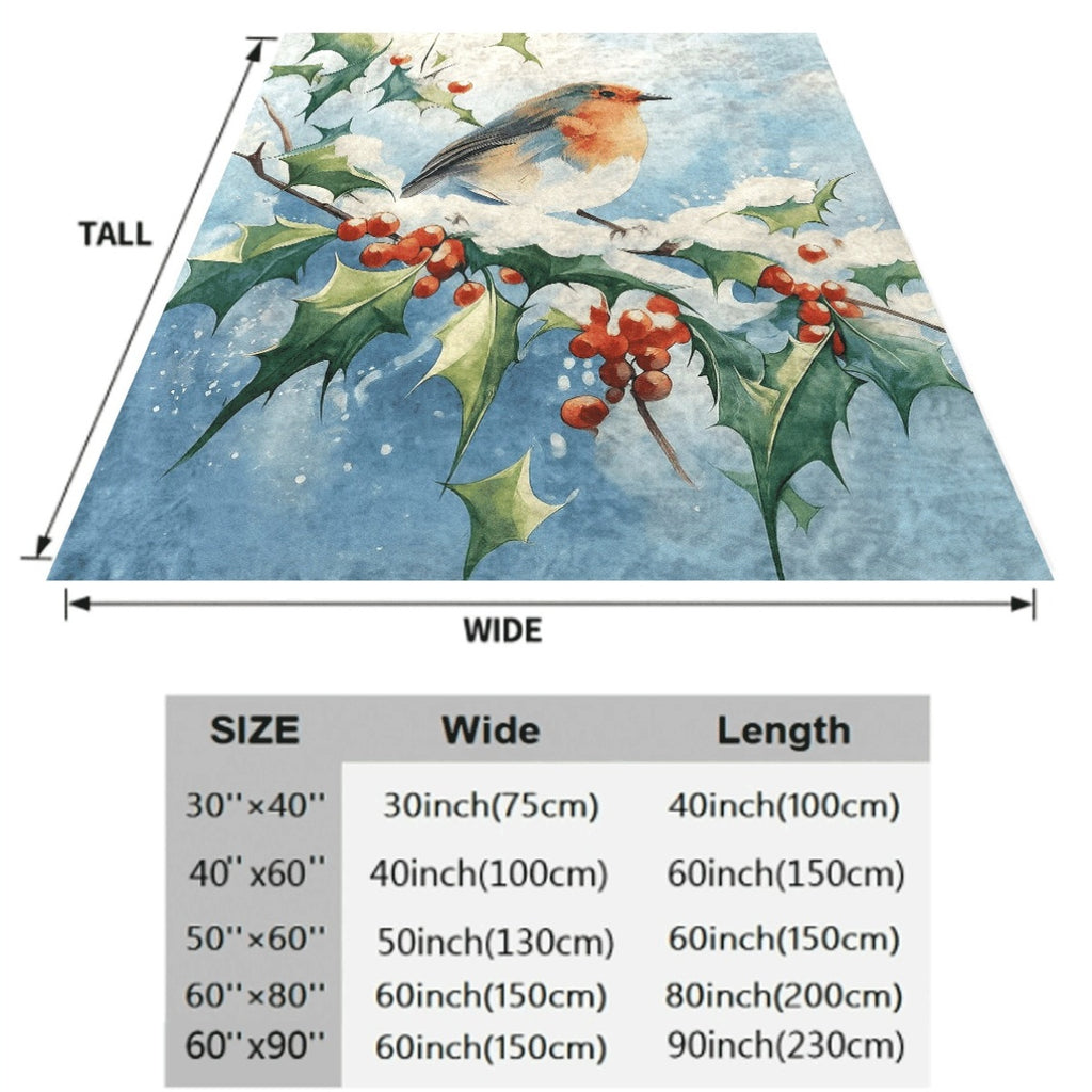 1pc Cozy Winter Flannel Blanket with Watercolor Robin And Holly Branch Soft Throw for Sofa Festive Christmas And Holiday Decor Ultra-Warm All-Season Blanket