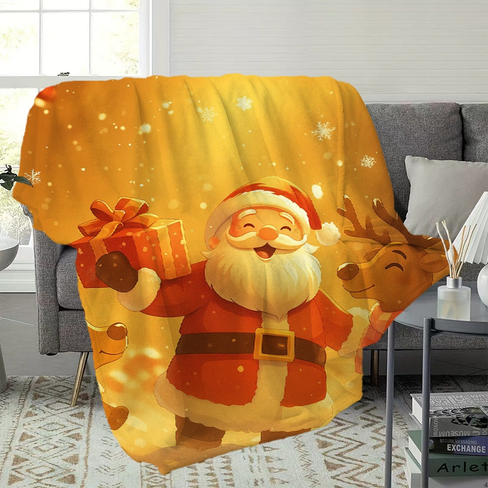 1pc Santa And Reindeer Flannel Blanket, Golden Warm-Toned Design, Durable Plush Warm Throw, Suitable for Office Nap, Weekend Sofa Relaxation, Seasonal Home Use