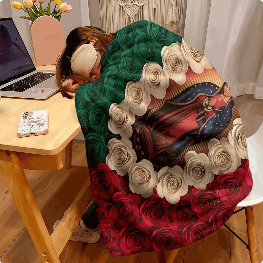 1pc a Flannel Blanket Featuring Religious Imagery of The Encircled by Three-Dimensional Paper Roses, Ideal for Spiritual Catholic Home Decoration, Soft And Cozy for All Seasons, Showcasing Traditional Religious Art Design