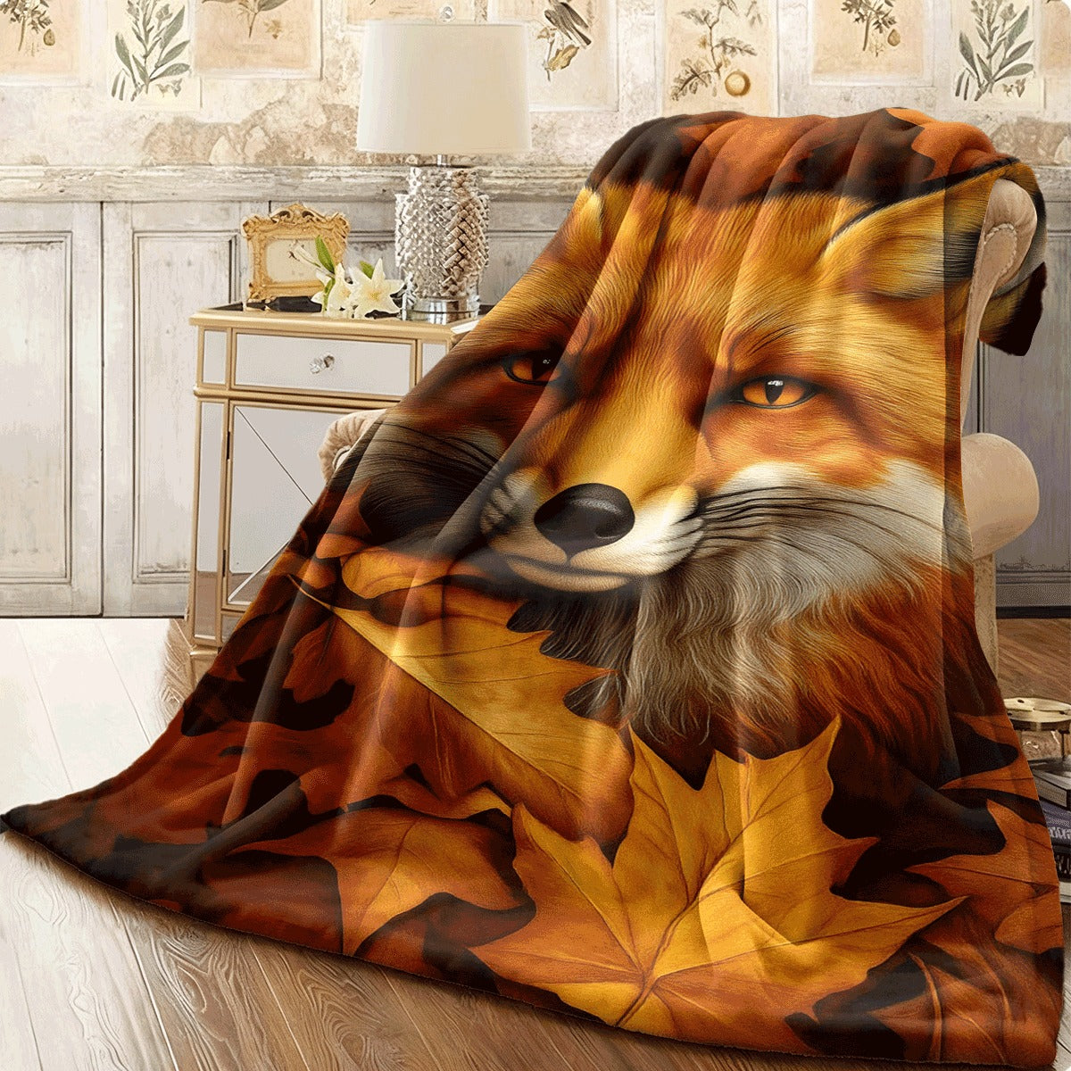 1pc Autumn Fox & Fall Leaves Throw Blanket Lightweight Flannel Sofa Spread with Reddish-Brown Fox Soft Warm All-Season Blanket for Couch Living Room Office Travel Cozy Home Decor Gift