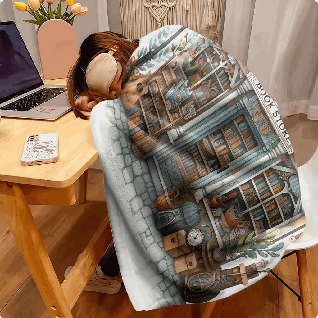 A Cozy Blanket Designed for Book Lovers, Featuring a Bookstore Theme with Bookshelves And Vintage Clocks. This Soft, Flannel-Like Throw Is Suitable for All Seasons And Can Be Used at for Home Or in The Office