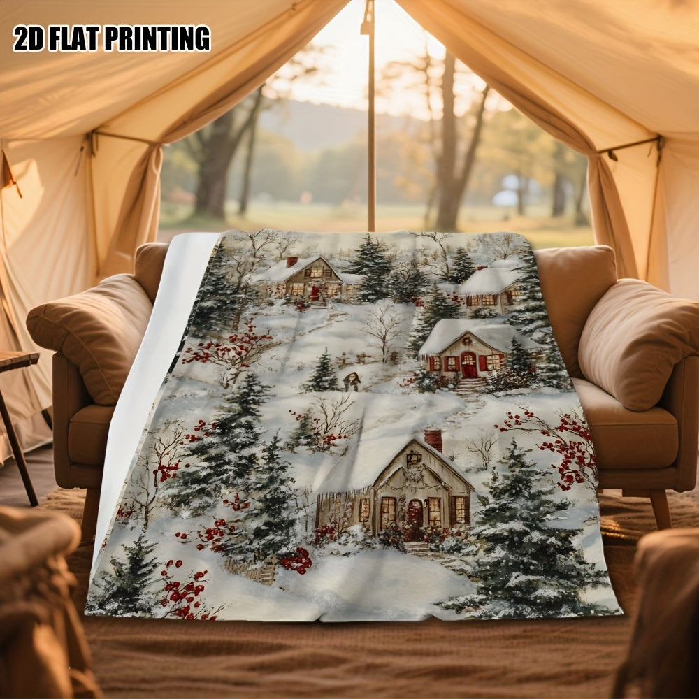 Retro Winter Village Pattern Flannel Blanket, Sofa And Chair Dual-Purpose Thermal Blanket, Warm Company Halloween And Christmas