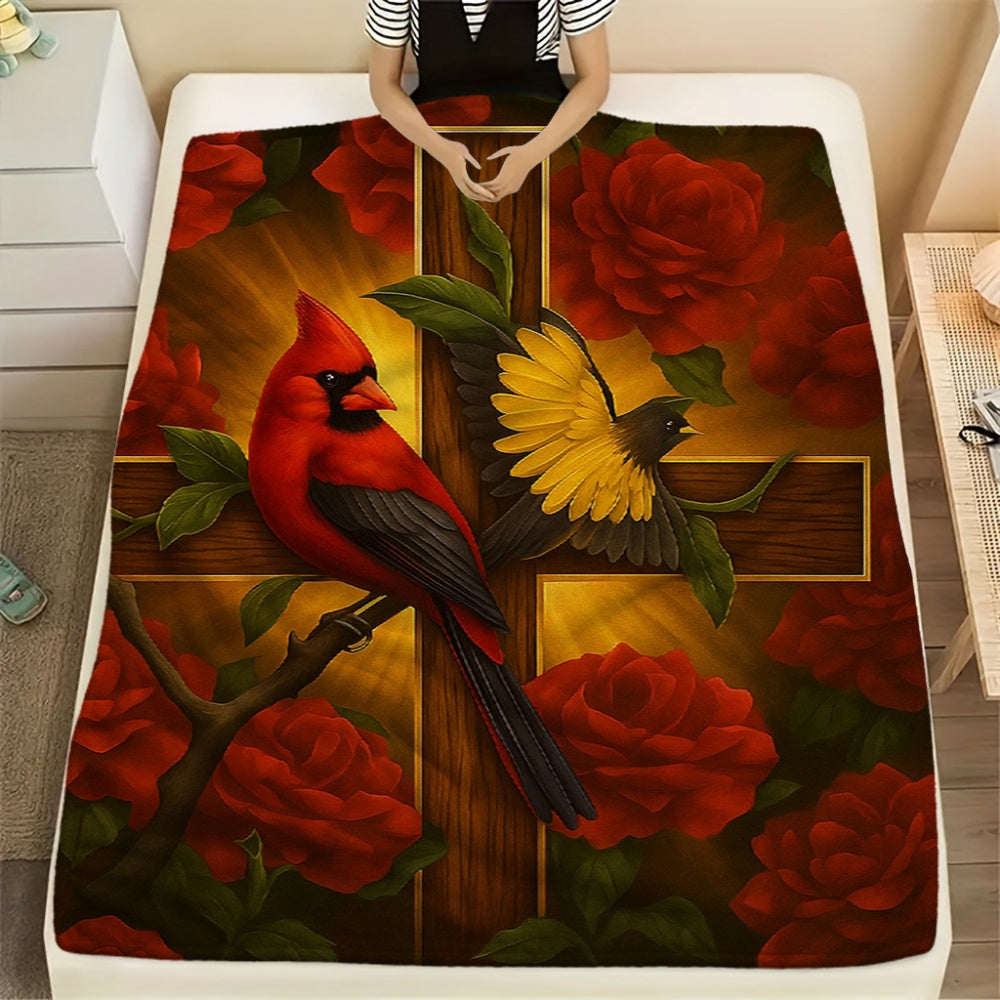 1pc Flannel Blanket with a Red, Yellow, and Black Bird and Rose Cross Pattern, Featuring a Festive Religious Theme Design. Warm Plush Surface, Suitable for All Seasons. Ideal for Use on Bedroom Beds, Office Naps, and Balcony Leisure