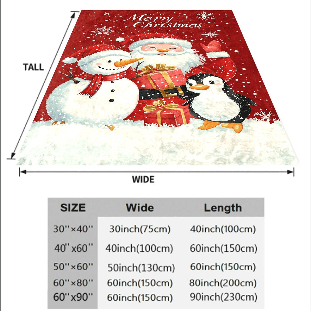 One Cozy Fleece Blanket Featuring Santa, a Snowman, And a Penguin, Made of Soft And Warm Polyester. Perfect for Naps, Camping, Travel, Office Use, And Home Decoration. an Ideal Holiday Gift