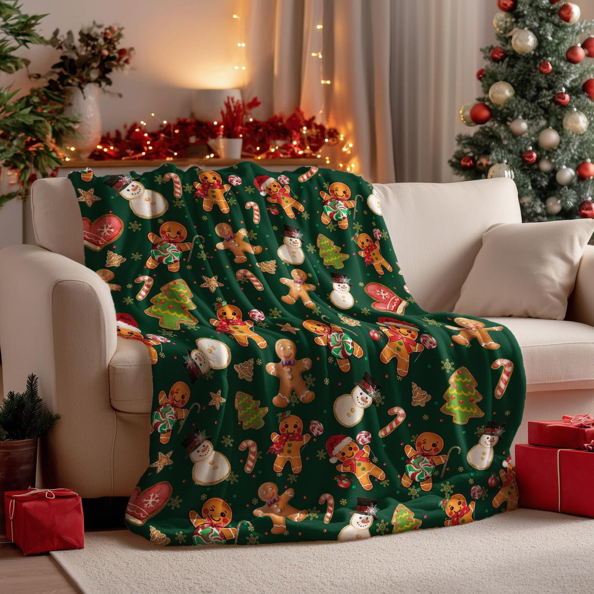A Green Thickened and Warm Christmas Lovely Gingerbread for Man Print Ladies Blanket, Contemporary Soft and Comfortable Flannel Blanket, the Perfect Gift for Christmas, Birthday, Fit, and Sofa Decoration, Light and Comfortable Camping Blanket