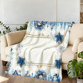 1pc Christmas Blue Golden Floral And Snowman Pattern Flannel Blanket, Soft Comfortable Warm, White Background with Blue And Golden Design, All-Season Sofa Blanket, Warm Cover, Multiple Sizes Available, Suitable for Living Room Sofas, Bedroom