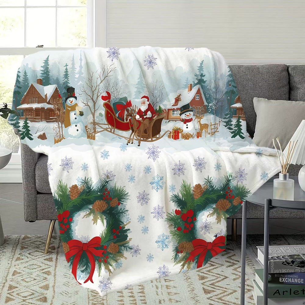 1pc Christmas Snowy Scenery And Wreath Pattern Flannel Blanket, Soft Comfortable Warm, White Background Design, All-Season Sofa Blanket, Warm Cover, Multiple Sizes Available, Suitable for Living Room Sofas, Bedroom, Office Rest, Holiday Decor