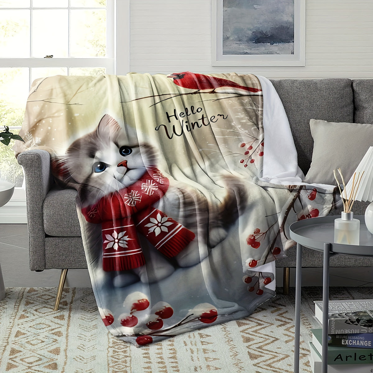 Hello Winter Cozy Flannel Throw Blanket Featuring a Cat And Cardinal Design, Soft And Warm for Use on a Couch,, Or in The Office - Suitable for All Seasons, Hypoallergenic, And Machine Washable