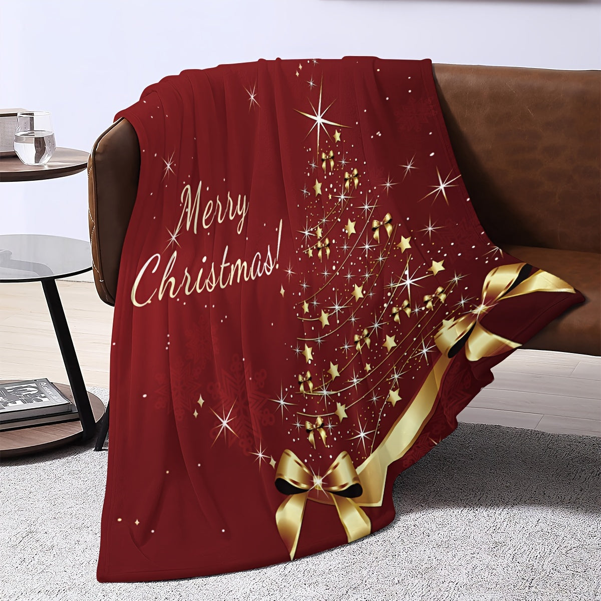 Christmas Tree and Golden Star Print Flannel Blanket, Red Shawl - Suitable for Sofa, Bed, Office, Travel, Camping - Soft, Warm, and Comfortable for All Seasons