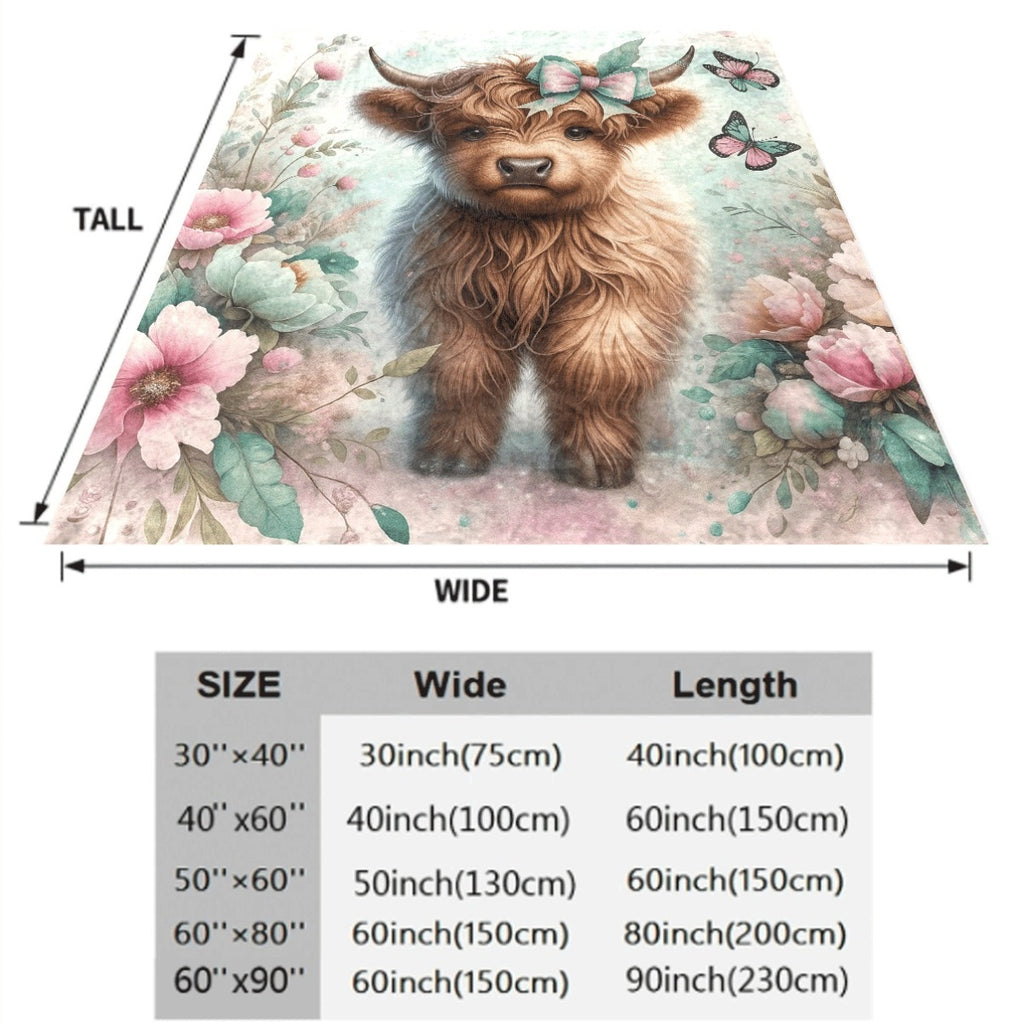 1pc Highland Cow And Floral Butterfly Print Flannel Throw Blanket Ultra-Soft Lightweight All-Season Cozy Spread Pastel Colors (Pink, Green, Yellow)