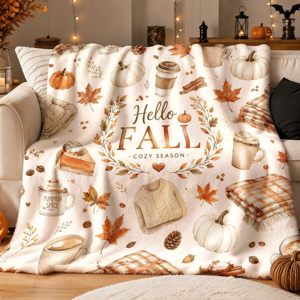 [2D FLAT PRINTING] 1pc Autumn Warm Coffee Pumpkin Plaid Flannel Blanket with Hand-Painted Theme - Large Size, Soft, Lightweight, and Warm, Suitable for All Seasons - Perfect for Bed, Sofa, Office, Camping, and Travel - The Best Choice for a Blanket