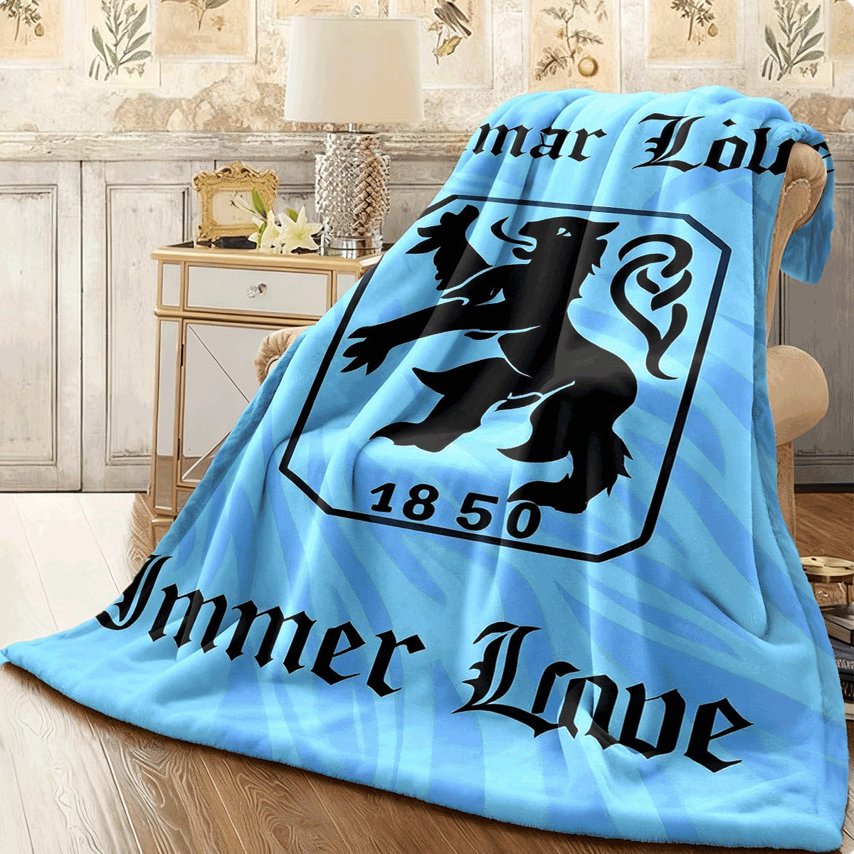1pc German Heritage Lion Emblem Blanket Soft Flannel All-Season Warmth Blue & Golden Vintage Design with IMER L & 1860 Numbers Machine Washable Couch Spread for Home Camping Trave